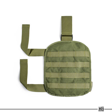 Olive modular drop-leg mount pouch with MOLLE webbing front and mounting straps