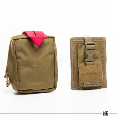 Olive medical utility pouch with red loop top, zip closure, and front mounting panel