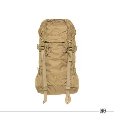 30L hiking rucksack with top flap, front straps, and tan webbing buckles