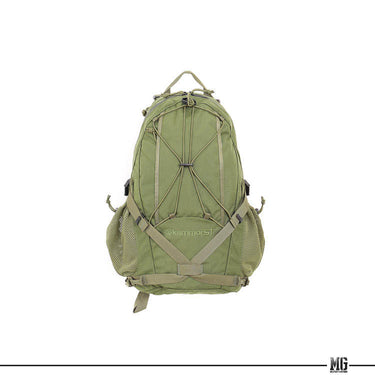 Green 25L rucksack with padded shoulder straps, top handle, and crisscross front lacing