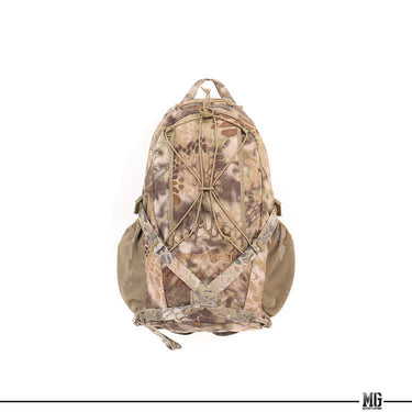 Beige camouflage 25L rucksack with top handle, padded straps, and crisscross front webbing