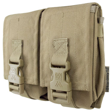 Coyote double ammo pouch with two flap pockets and MOLLE-style webbing straps