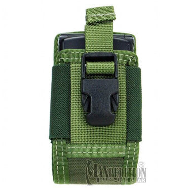 Maxpedition 4in clip-on phone holster, green fabric with webbing clip and strap loops.