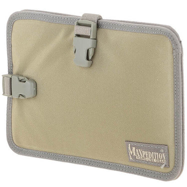 Khaki mini tablet insert with hook-and-loop straps and gray trim, front view