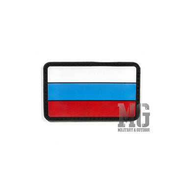 Rectangular velcro patch with black border and blue and red flag design