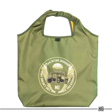 Collapsible recycle bag, olive green with carry handle and front printed emblem.