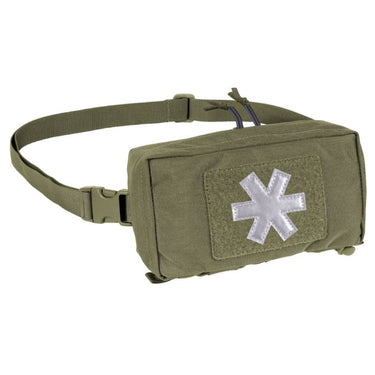 Olive tactical medical kit pouch with waist strap and white cross patch