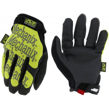 Pair of hi-viz yellow and black Mechanix Wear gloves with molded knuckle and logo patches