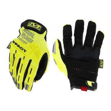 Two work gloves, hi-vis yellow and black, front and back views with padded palms
