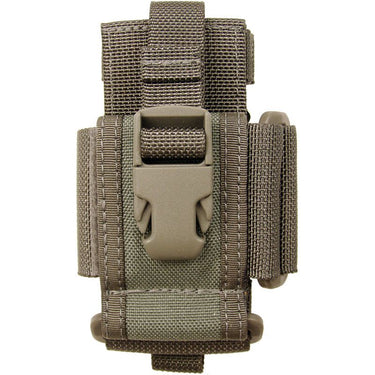Adjustable phone holster in dark green with hook-and-loop straps and belt clip