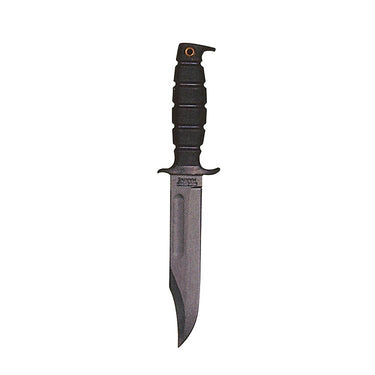 Combat knife with dark handle, metal blade, and ring at pommel
