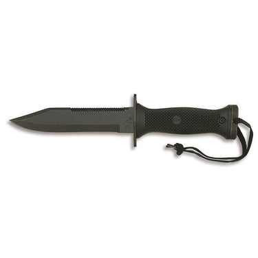 Combat knife with dark textured handle and matching sheath with lanyard strap