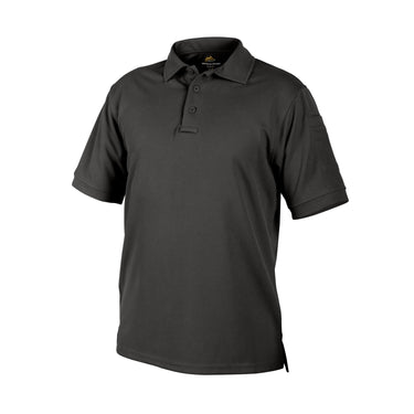 Dark gray polo shirt with short sleeves and buttoned collar