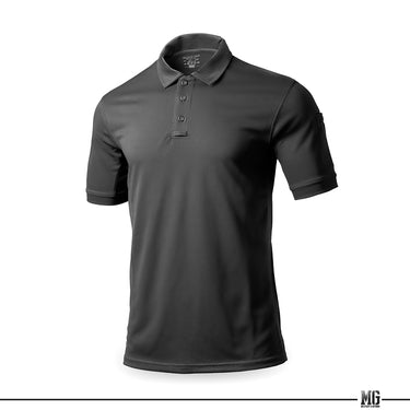Black polo shirt with button placket and short sleeves