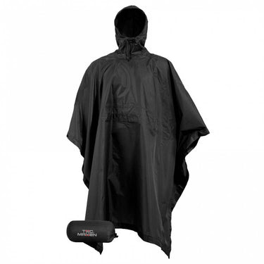 Black hooded poncho with front flap and wide cape sleeves.