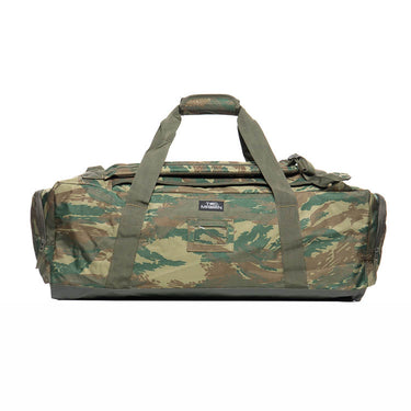 Camouflage travel duffel bag with wide handles and front zip organizer panel.
