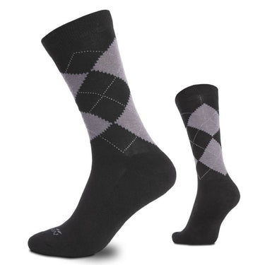 Crew socks in black with argyle diamond pattern; ribbed cuff and cushioned sole