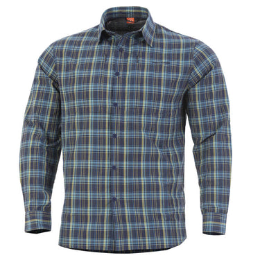 Blue check plaid tactical button-up shirt with button front and long sleeves