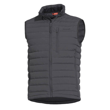 Black duck down puffer vest with hood, full-zip front and zip chest pocket