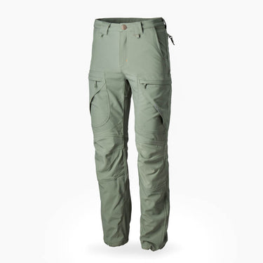 Camo green climbing pants with cargo pockets and ankle cinch toggles