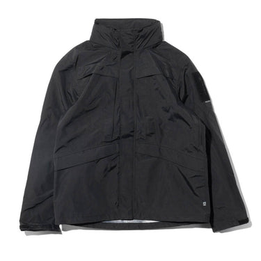 Black hooded rain jacket with full front zipper and flap pockets