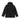 Black rain shell jacket with hood, full zip front, long sleeves, side pockets.