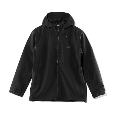 Black rain shell jacket with hood, full zip front, long sleeves, side pockets.