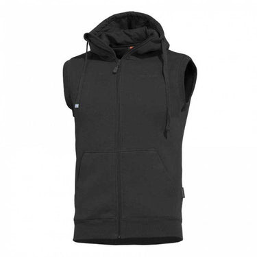 Black sleeveless hoodie vest with full-zip front and attached hood, drawstring hem pockets.