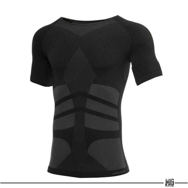 Black knitted t-shirt with geometric panel graphic across the front