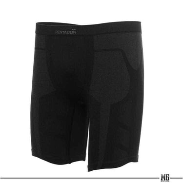 Men's activity short pants, black, contoured panel with logo at waistband.