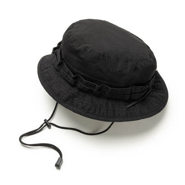 Black bucket hat with ruffled band and adjustable chin strap cords