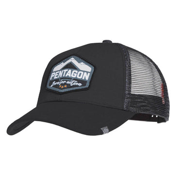 Black trucker cap with grey mesh sides, front Pentagon patch, curved brim.