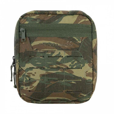 Camouflage EDC pouch with front zipper pocket and webbing straps, rectangular shape