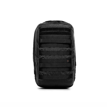 Black tactical backpack with front MOLLE webbing and padded back panel.