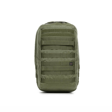 Olive tactical backpack with front MOLLE webbing and padded top