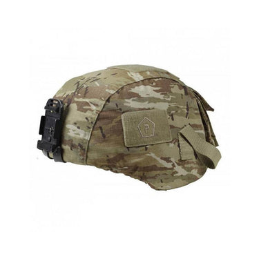 Tactical helmet cover in Pentacamo camouflage with front hook-and-loop patch and straps