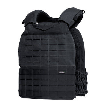 Black tactical vest with front MOLLE grid panels and padded shoulder straps