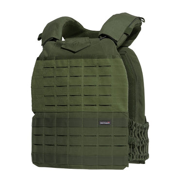 Olive tactical vest with front MOLLE grid panels and textured shoulder straps
