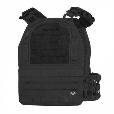 Black tactical vest with MOLLE webbing, front panel, and adjustable side straps