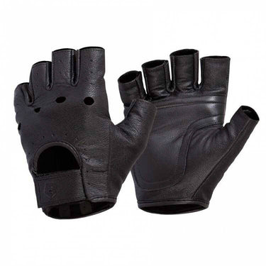 Black fingerless leather duty gloves with open fingertips and padded knuckles