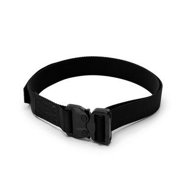 Black tactical belt with matte black buckle and reinforced woven webbing