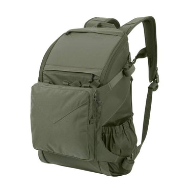 25L tactical backpack in olive green with front zip pocket and padded shoulder strap