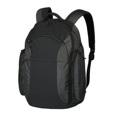 Black backpack with textured side pocket panels and adjustable shoulder straps