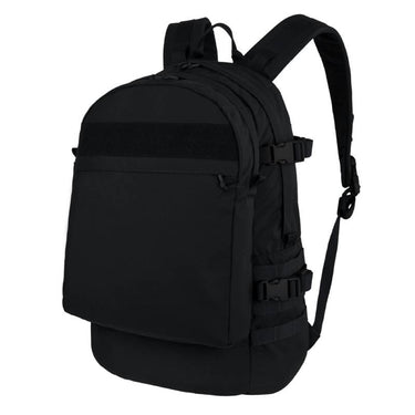 Black tactical backpack with padded shoulder straps and front zip pocket