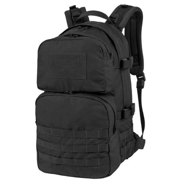 25L tactical backpack in black, front pouch, MOLLE webbing, mesh back panel, carry handle