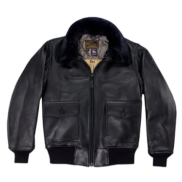 Black leather flight jacket with dark shearling collar and zip front, two chest pockets