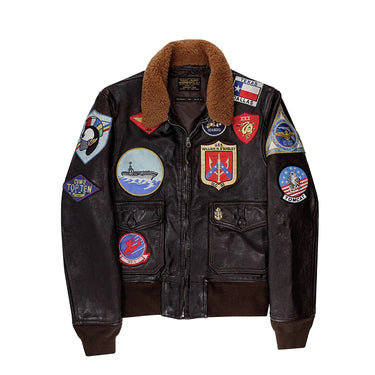Men's leather G-1 jacket, dark with tan shearling collar and front patch emblems