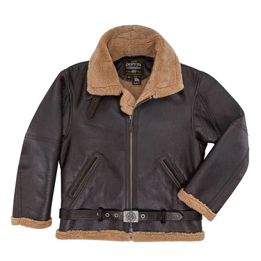 Brown sheepskin bomber jacket with tan shearling collar, zip front, and snap belts