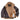 Brown leather bomber jacket with tan shearling lining, chest patch, and zip front