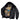 Black leather flight jacket with dark shearling collar and zip front, quilted map lining